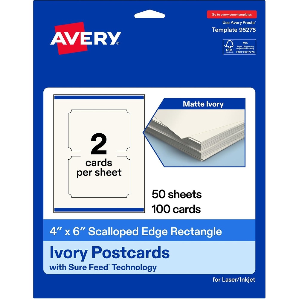 image:imageAvery Printable Rectangle Scalloped Postcards Sure Feed Technology 4 x 6 Ivory Cardstock PrintToTheEdge LaserInkjet Cards 100 Total100 cards