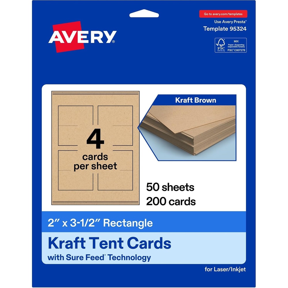 image:imageAvery Printable Rectangle Tent Cards Sure Feed Technology 2 x 35 Kraft Brown Cardstock PrintToTheEdge LaserInkjet Printable 100 Total Great for Table Talkers Promotional Signs and More200 cards