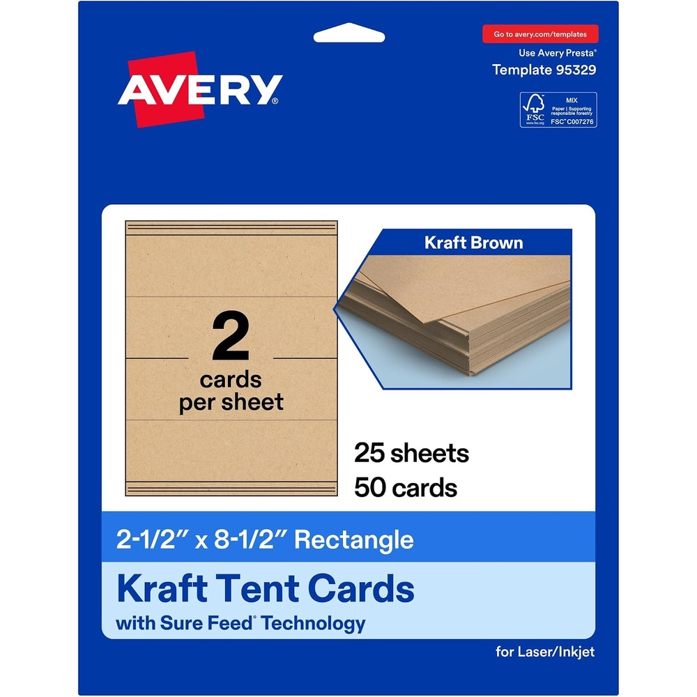 image:imageAvery Printable Rectangle Tent Cards Sure Feed Technology 25 x 85 Kraft Brown Carstock LaserInkjet 100 Total Great for Table Talkers Promotional Signs Instructional Signs and More50 cards