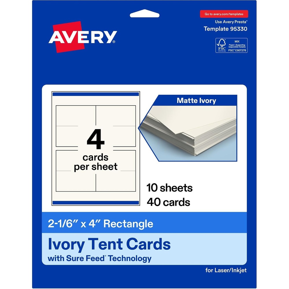 image:imageAvery Printable Rectangle Tent Cards with Sure Feed Technology 216 x 4 Matte Ivory Cardstock PrinttotheEdge LaserInkjet 200 Total Great for Table Talkers Promotional Signs and More40 cards