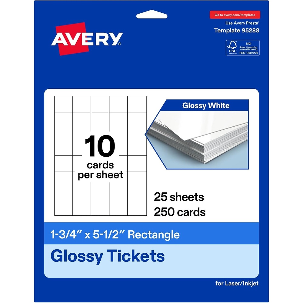 image:imageAvery Printable Rectangle Tickets 134 x 512 Glossy White Cardstock LaserInkjet Printable 500 Total250 cards