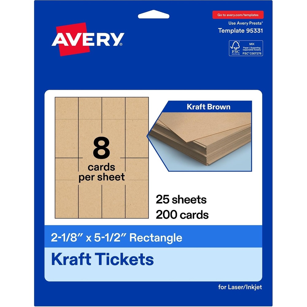 image:imageAvery Printable Rectangle Tickets 218 x 512 Kraft Brown Cardstock LaserInkjet Printable 400 Total200 cards