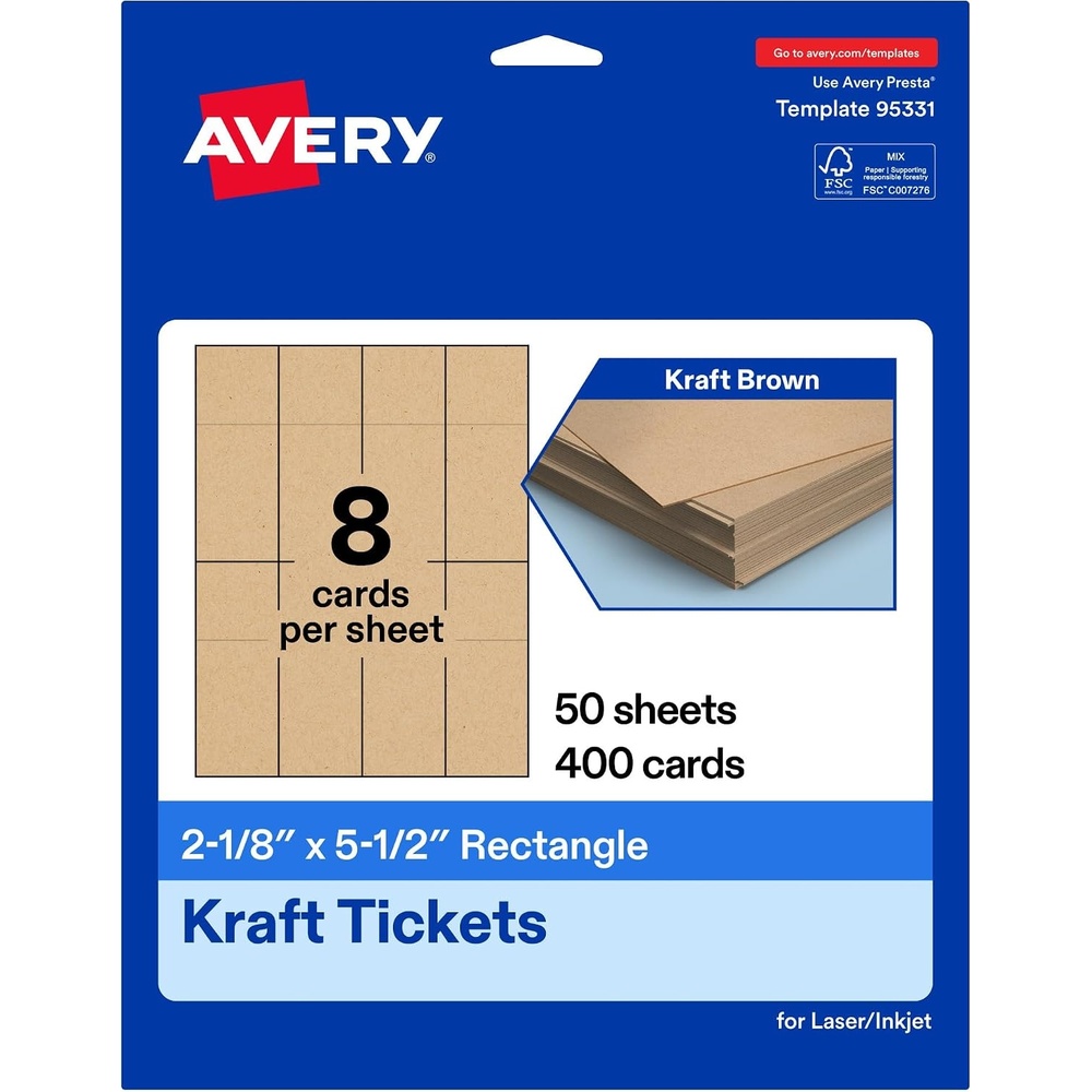 image:imageAvery Printable Rectangle Tickets 218 x 512 Kraft Brown Cardstock LaserInkjet Printable 400 Total400 cards