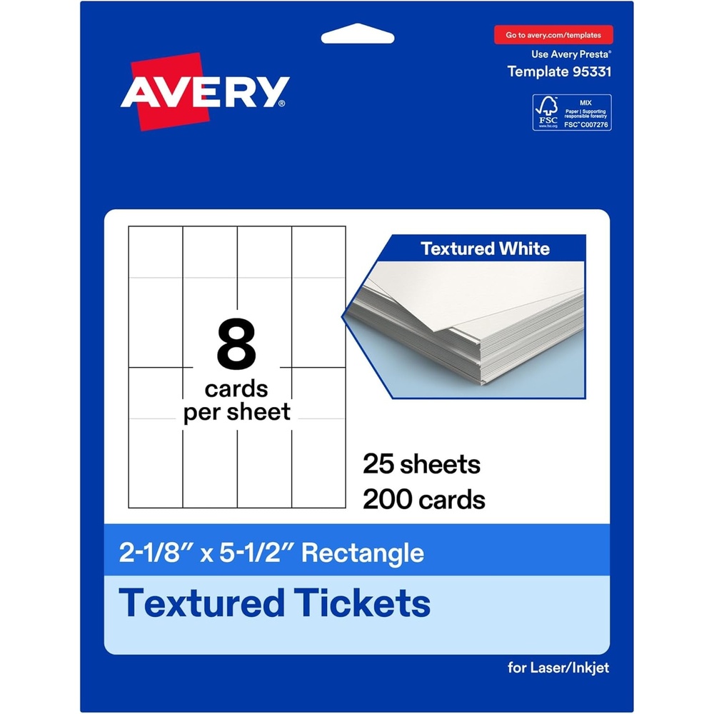 image:imageAvery Printable Rectangle Tickets 218 x 55 Textured Matte White Laser amp Inkjet Compatible 80 Total Great for Product Branding Marketing and More200 Cards