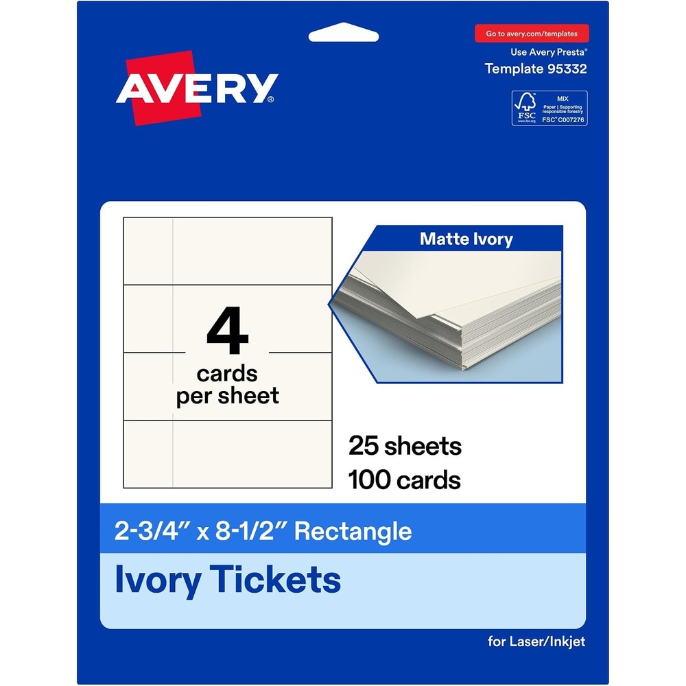 image:imageAvery Printable Rectangle Tickets 234 x 812 Matte Ivory Cardstock LaserInkjet Printable 200 Total100 cards