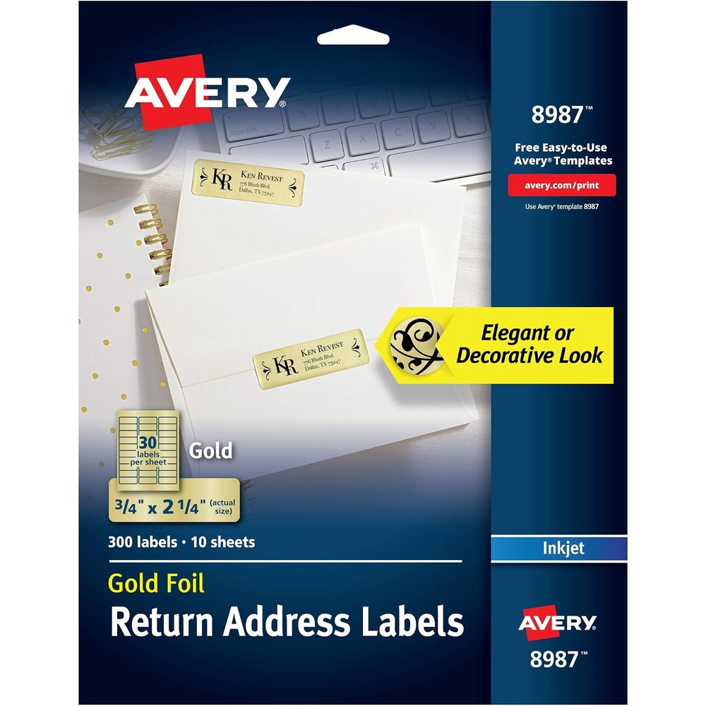 image:imageAvery Printable Return Address Labels 075 x 225 Gold Foil 300 Blank Mailing Labels 08987Pack of 5