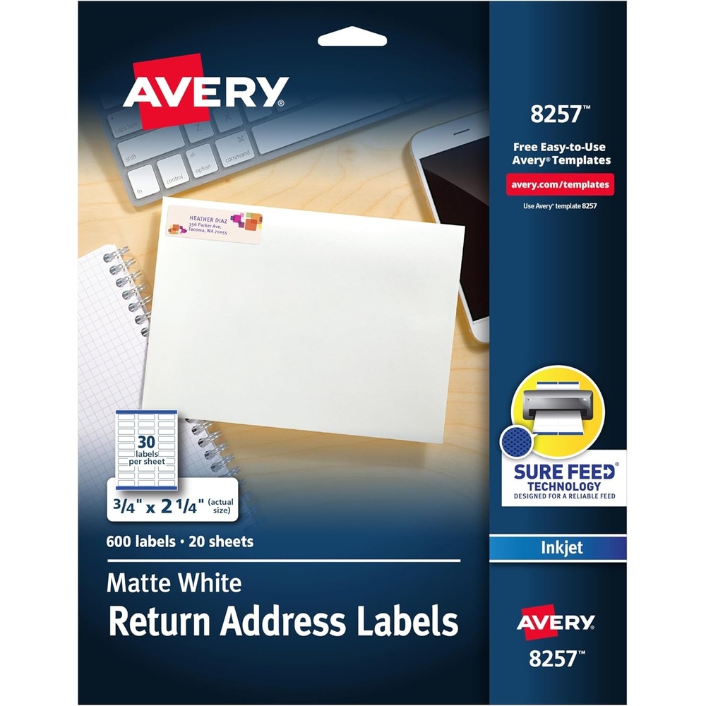 image:imageAvery Printable Return Address Labels 075 x 225 Matte White Sure Feed Technology Inkjet Printer Compatible 600 Blank Labels Great for Mailing Branding School Supplies and More 8257Pack of 600