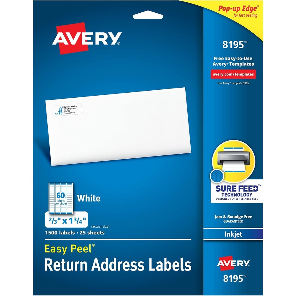 image:imageAvery Printable Return Address Labels Sure Feed Technology 23 x 134 White 1500 Blank Mailing Labels 08195