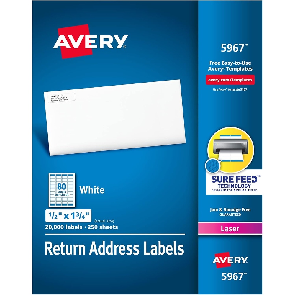 image:imageAvery Printable Return Address Labels with Sure Feed 05 x 175 White 20000 Blank Mailing Labels 0596712 x 1 34