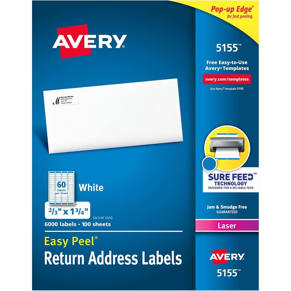 image:imageAvery Printable Return Address Labels with Sure Feed 05 x 175 White 6000 Blank Mailing Labels 0515505 x 175
