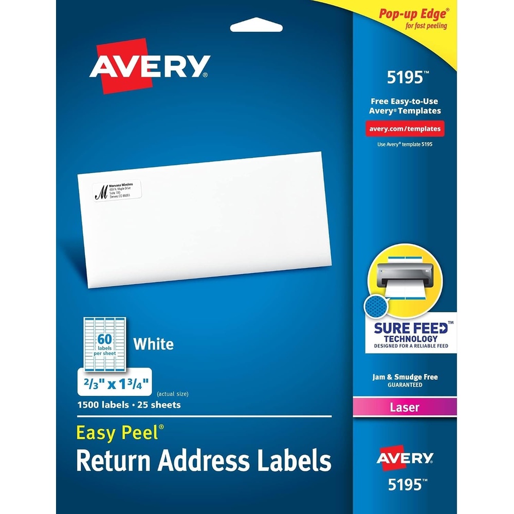 image:imageAvery Printable Return Address Labels with Sure Feed 05 x 175 White 6000 Blank Mailing Labels 0515523 x 134 Pack of 5
