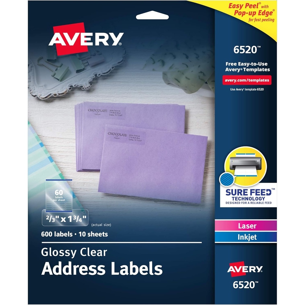 image:imageAvery Printable Return Address Labels with Sure Feed 23 x 134 Glossy Clear 600 Blank Mailing Labels 06520
