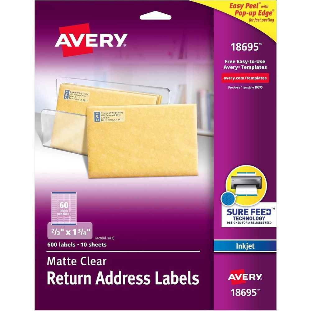 image:imageAvery Printable Return Address Labels with Sure Feed 23 x 134 Matte Clear 600 Blank Mailing Labels 1869523 in X 134 in Pack of 5