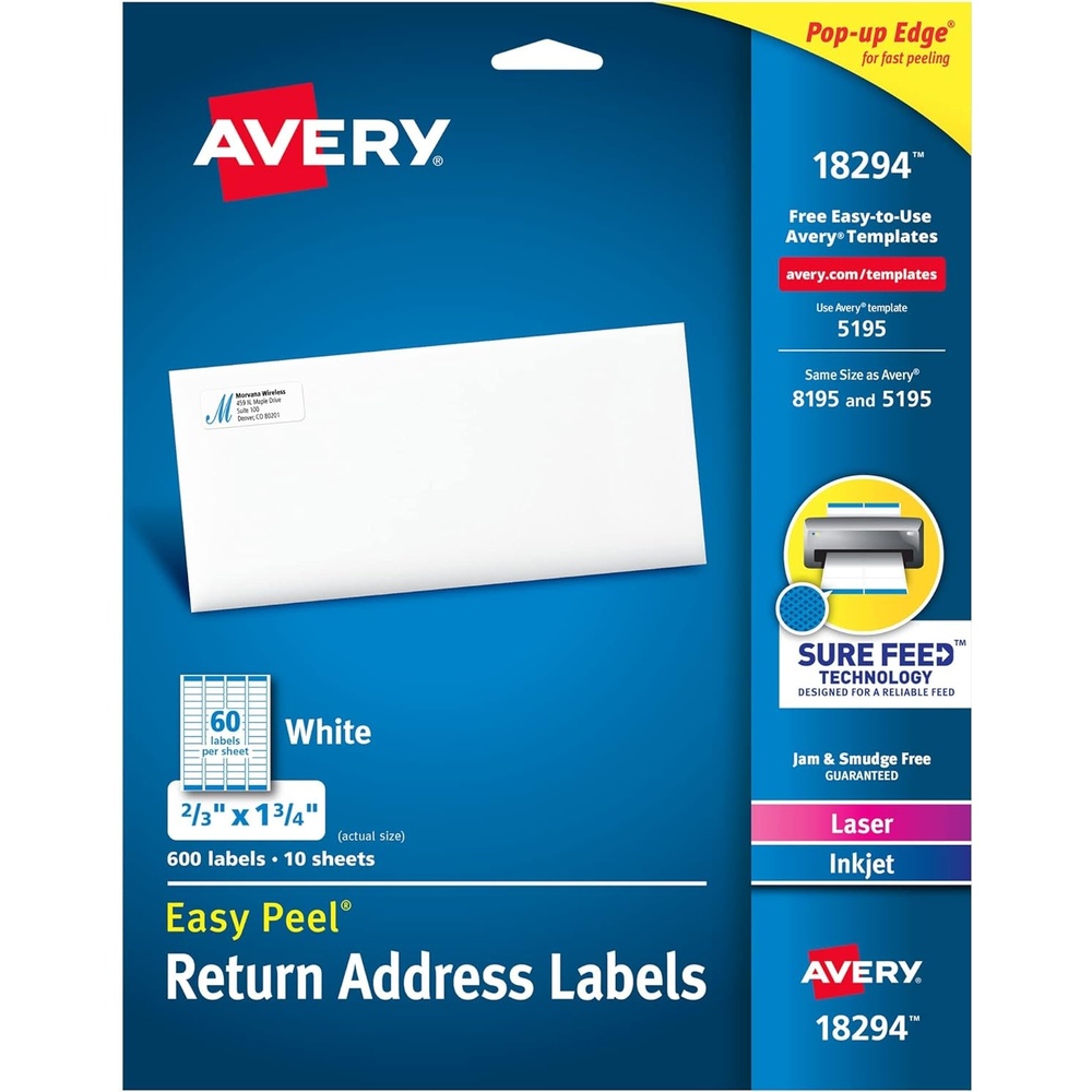 image:imageAvery Printable Return Address Labels with Sure Feed Technology 23 x 134 White Laser amp Inkjet Compatible 600 Blank Labels Total Great for Mailing Branding and More 1829423 x 134