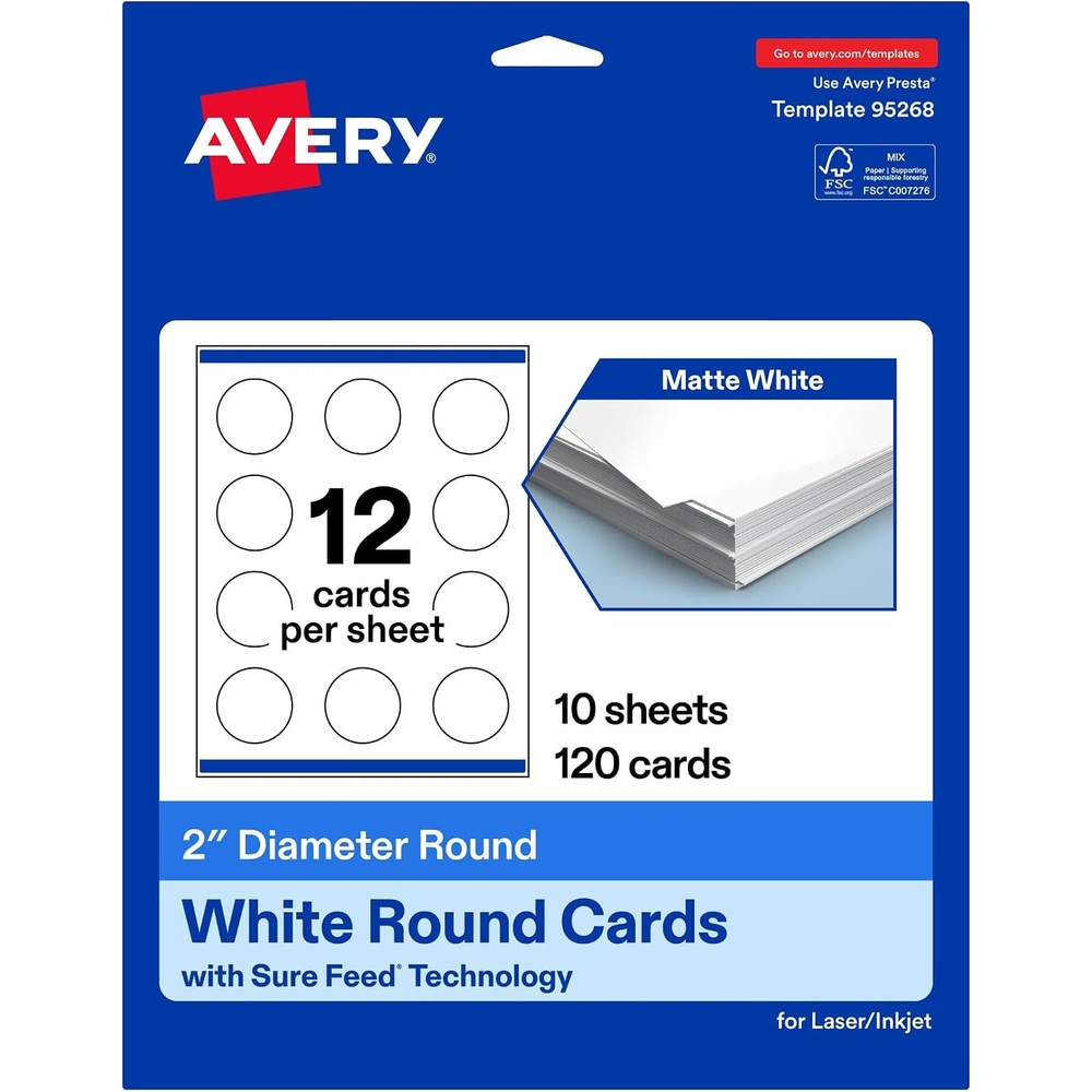 image:imageAvery Printable Round Cards Sure Feed Technology 2 Diameter Matte White Cardstock PrinttotheEdge LaserInkjet Cards 300 TotalMate White