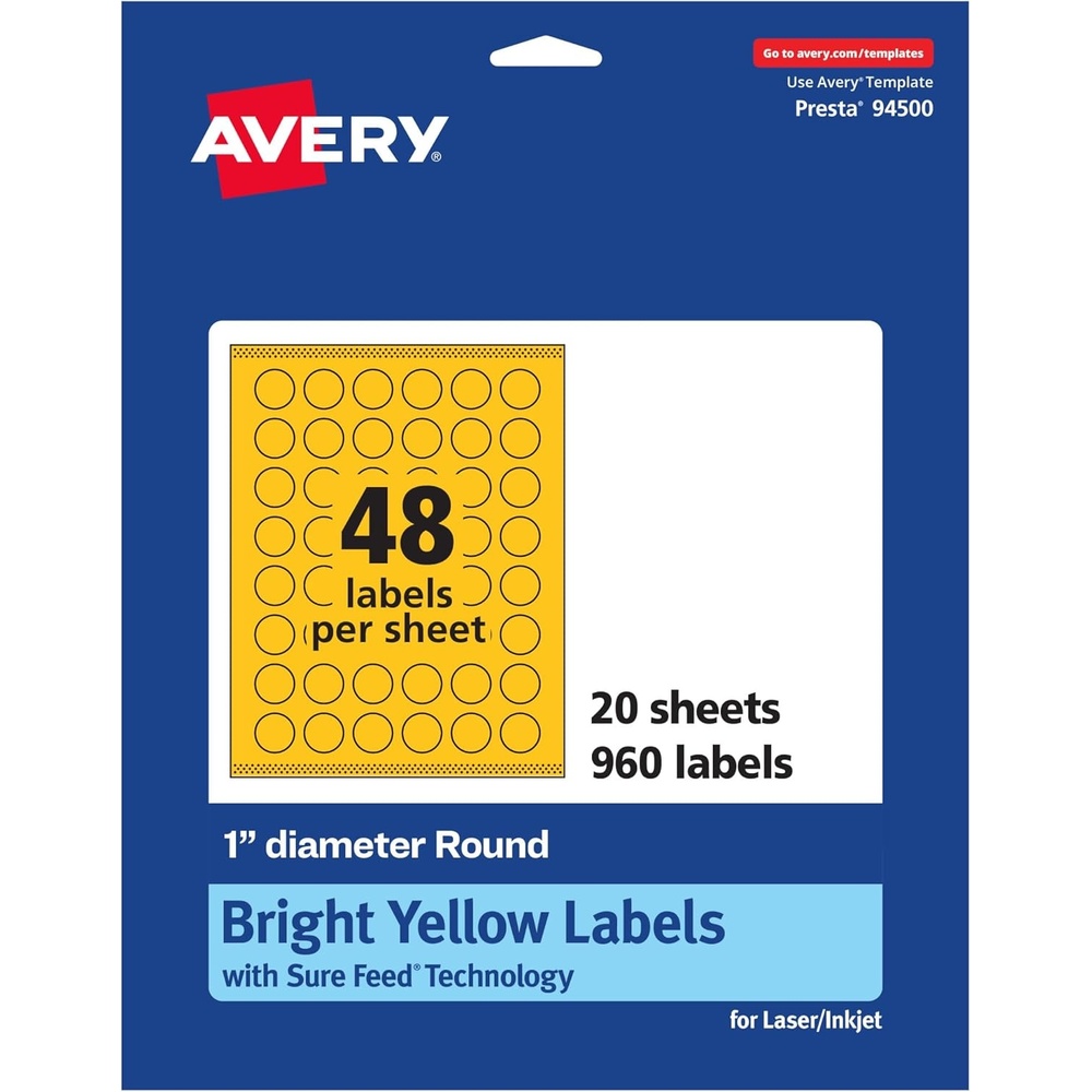 image:imageAvery Printable Round Labels Sure Feed Technology 1 Diameter Bright Yellow Labels PrinttoTheEdge LaserInkjet 480 Total Great for Price Stickers and Mailing Seals960 labels