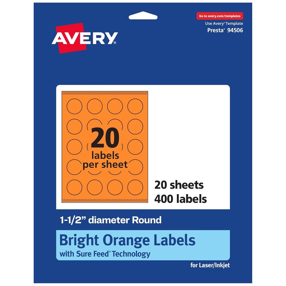 image:imageAvery Printable Round Labels Sure Feed Technology 112 Diameter Bright Orange Labels PrinttoTheEdge LaserInkjet Printable 200 Total Great for Stickers and Candles400 labels