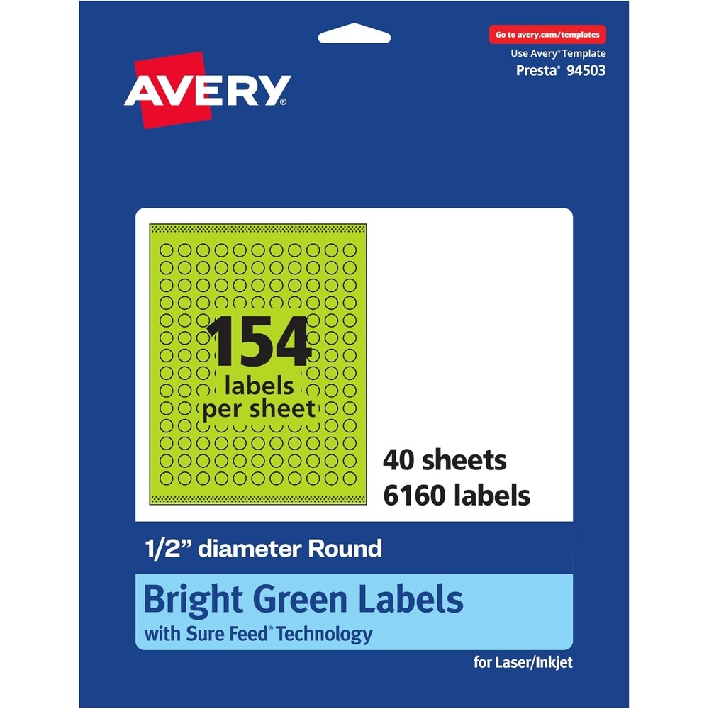 image:imageAvery Printable Round Labels Sure Feed Technology 12 Diameter Bright Green Labels PrinttoTheEdge LaserInkjet 1540 Total Great for Price Stickers and Mailing Seals6 160 labels