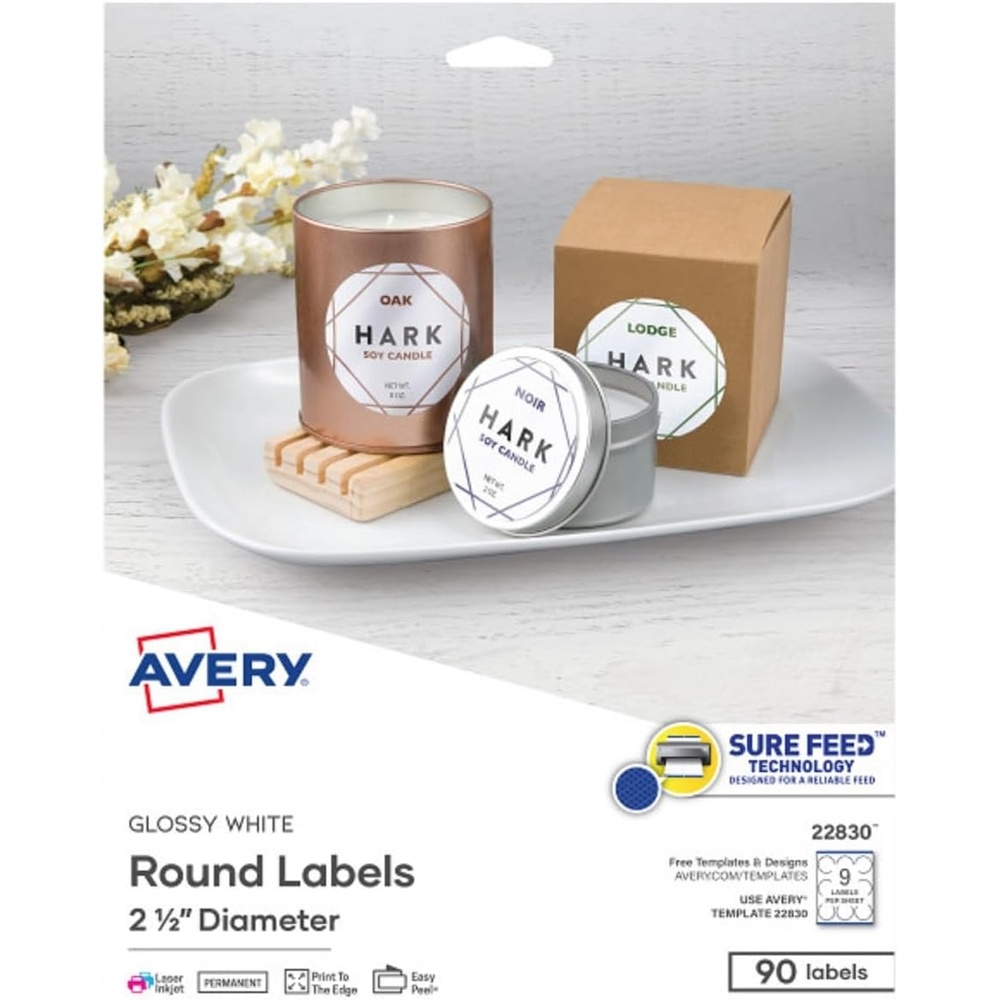 image:imageAvery Printable Round Labels Sure Feed Technology 25 Diameter Glossy White 90 Customizable Labels 22830