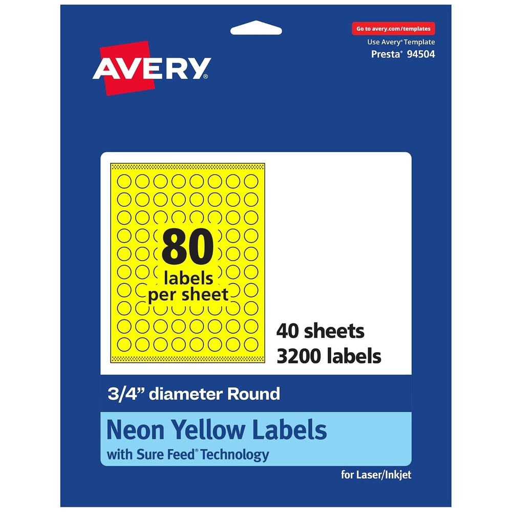 image:imageAvery Printable Round Labels Sure Feed Technology 34 Diameter Neon Yellow Labels PrinttoTheEdge LaserInkjet 3200 Total Great for Price Stickers and Mailing Seals3 200 labels
