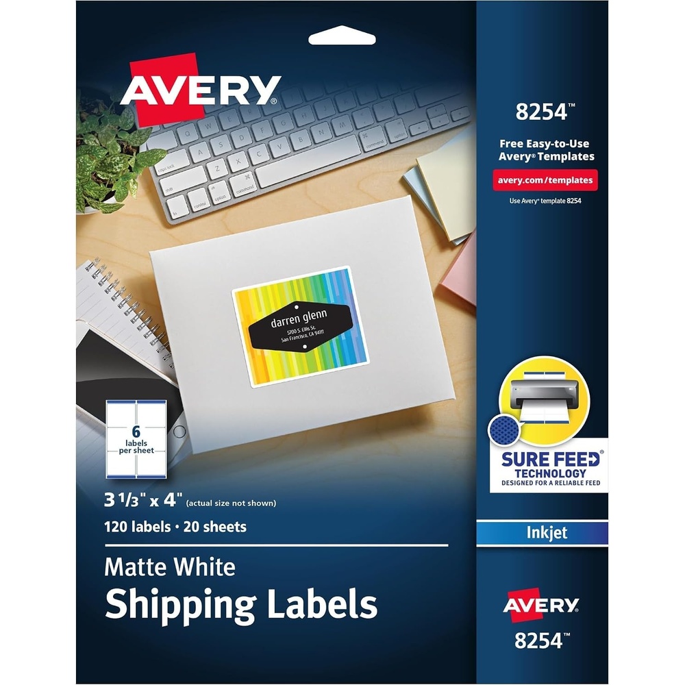 image:imageAvery Printable Shipping Labels 313 x 4 Matte White Sure Feed Technology Inkjet Printer Compatible 120 Blank Labels Great for Mailing Branding School Supplies and More 82541 x 2 58 Pack of 5