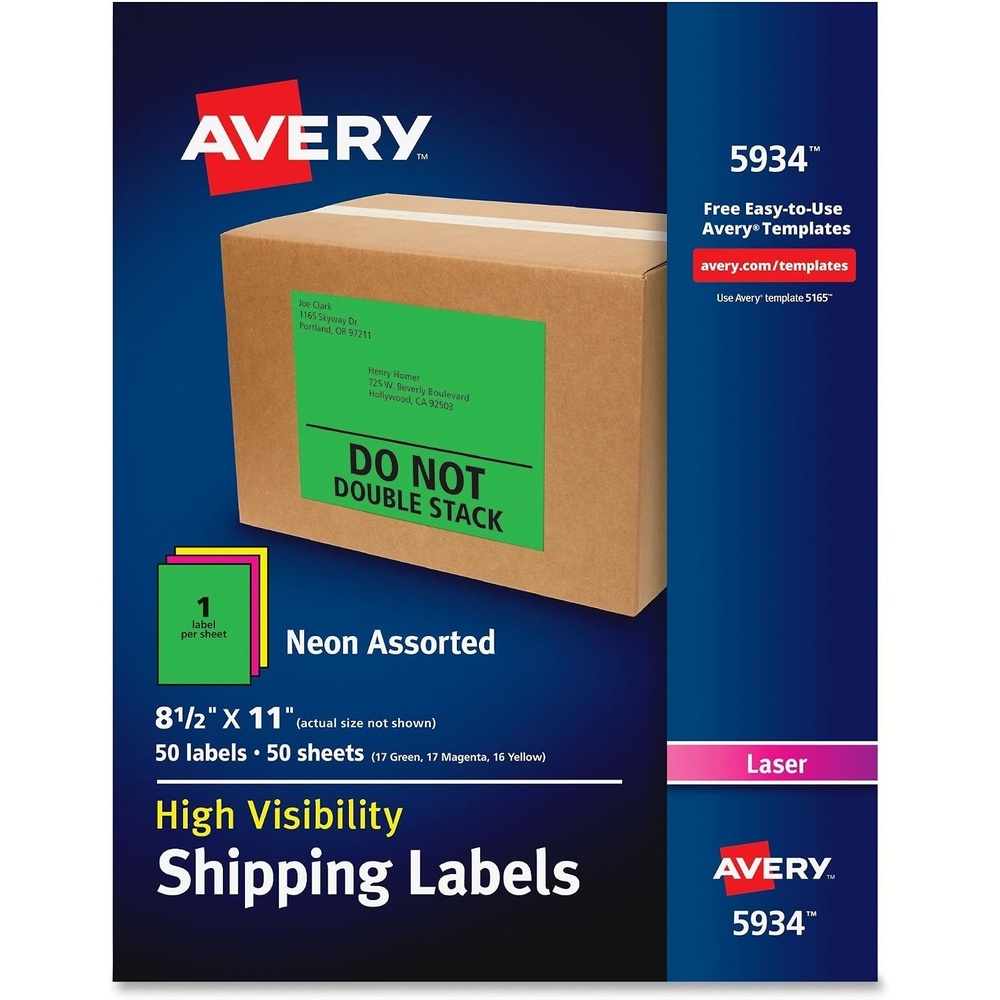 image:imageAvery Printable Shipping Labels 812 x 11 Assorted Neon Colors Magenta Green and Yellow Laser amp Inkjet Compatible 15 Blank Labels Total 5975Neon Assorted