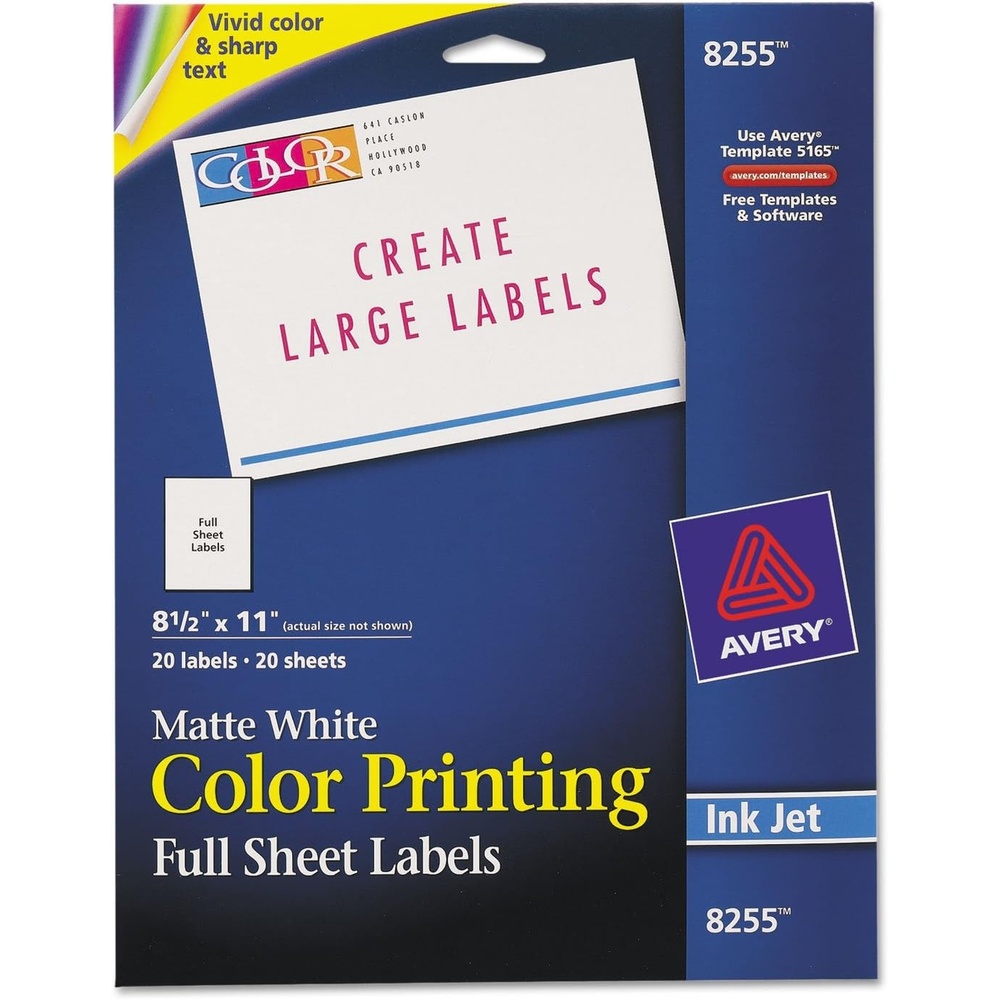 image:imageAvery Printable Shipping Labels 85 x 11 Matte White Inkjet Printer Compatible 20 Blank Labels Great for Signage Packaging School Supplies and More 8255One Size