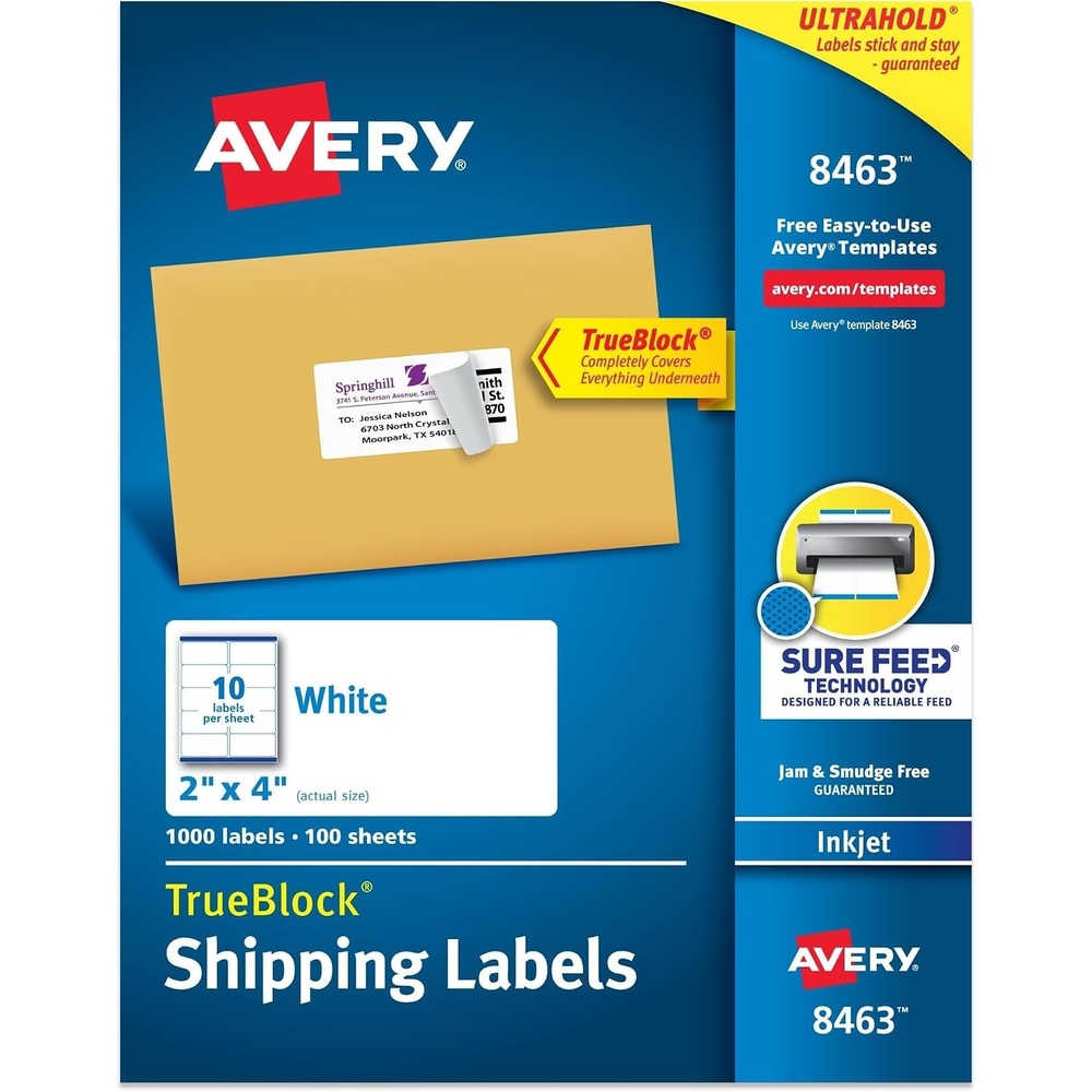 image:imageAvery Printable Shipping Labels Sure Feed Technology 2 x 4 Customizable Stickers White 1000 Blank Mailing Labels Great for Mailing Shipping and More 84631 000 labels Pack of 5