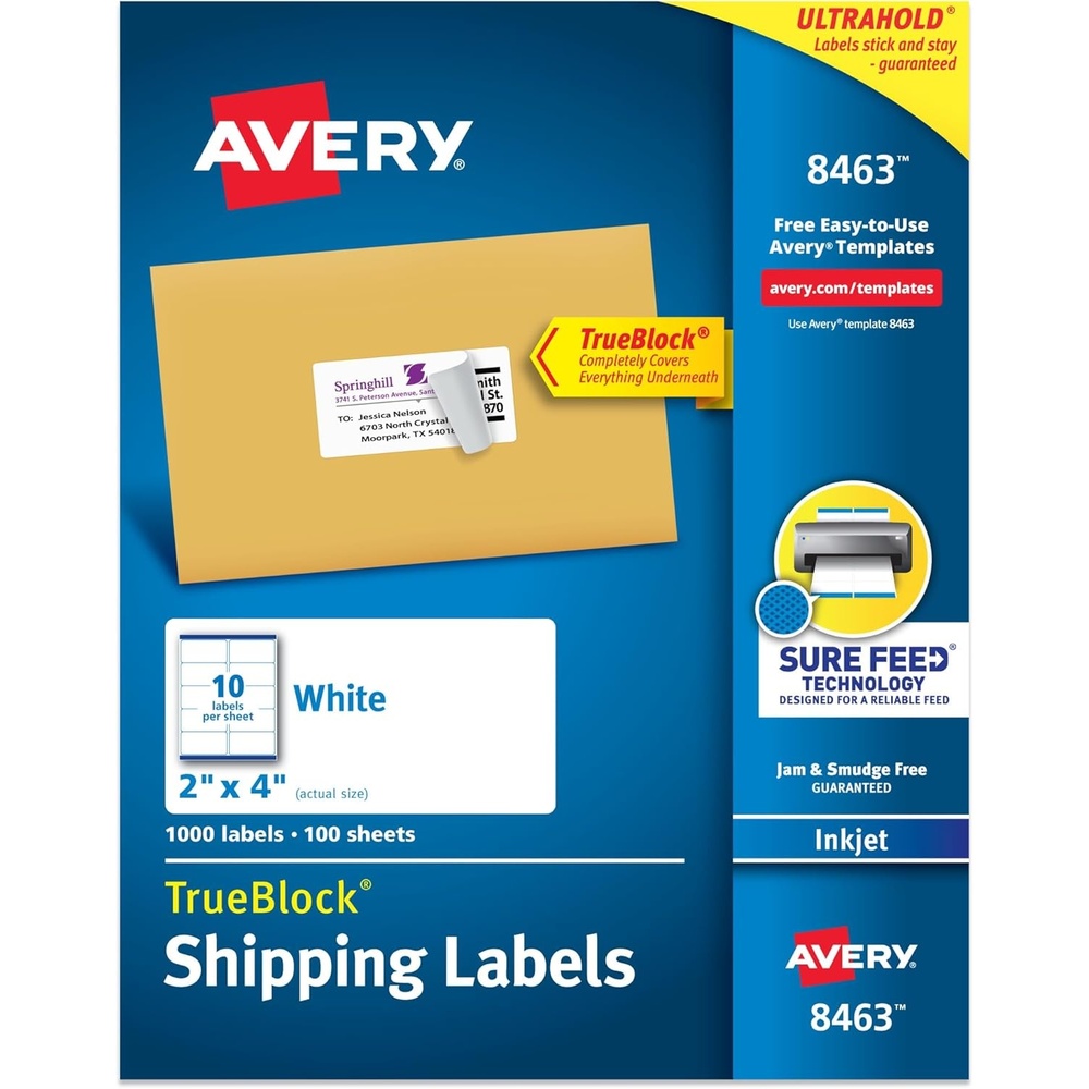 image:imageAvery Printable Shipping Labels Sure Feed Technology 2 x 4 Customizable Stickers White 1000 Blank Mailing Labels Great for Mailing Shipping and More 84630