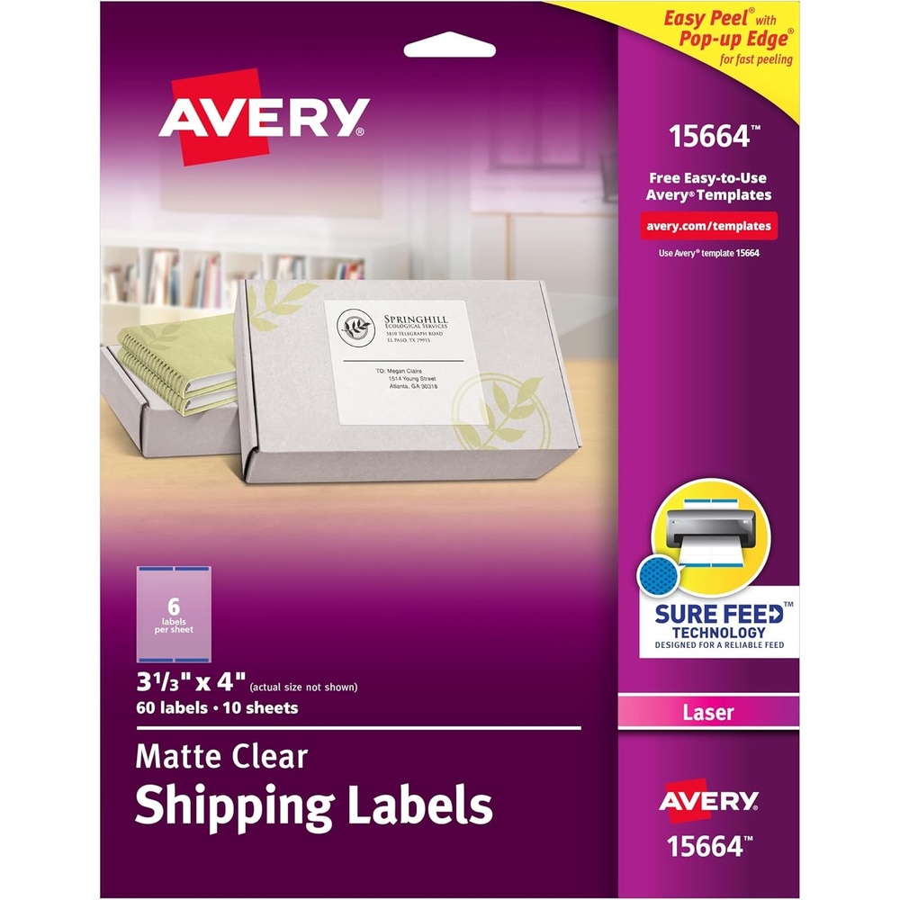 image:imageAvery Printable Shipping Labels Sure Feed Technology 313 x 4 Matte Clear 60 Blank Mailing Labels 15664One Size