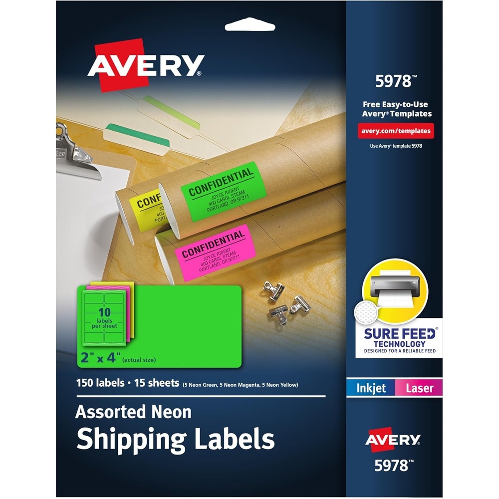 image:imageAvery Printable Shipping Labels with Sure Feed 2 x 4 Assorted Neon Colors Magenta Green Yellow Laser amp Inkjet Compatible 150 Blank Labels Total 59782 in x 4 in