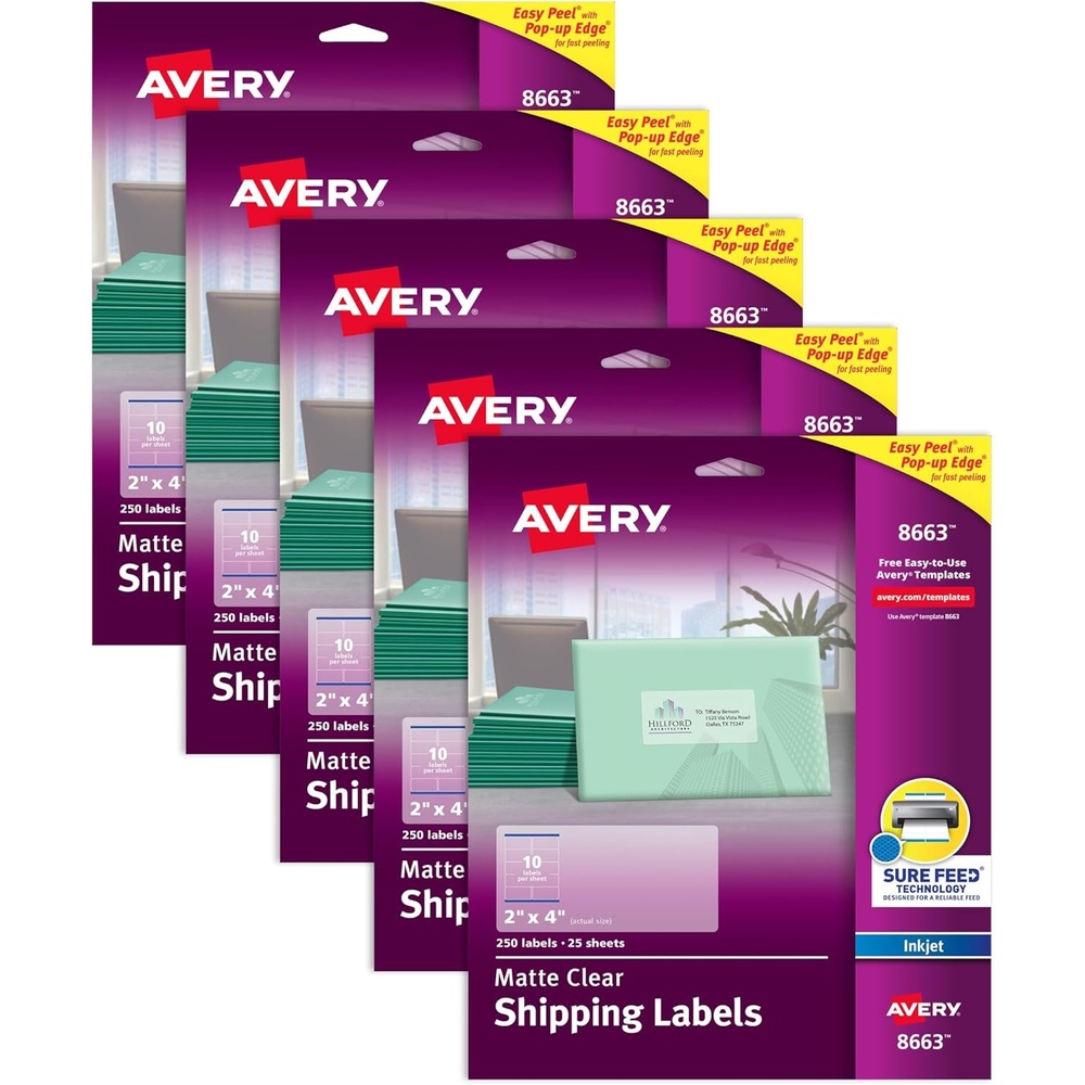 image:imageAvery Printable Shipping Labels with Sure Feed 2 x 4 Customizable Stickers Matte Clear 250 Blank Mailing Labels Great for Mailing Shipping and More 86635 Packs