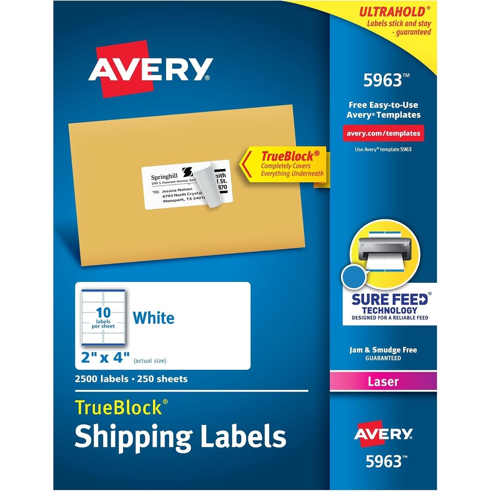 image:imageAvery Printable Shipping Labels with Sure Feed 2 x 4 Customizable Stickers White 1000 Blank Mailing Labels Great for Mailing Shipping and More 51632 500 labels