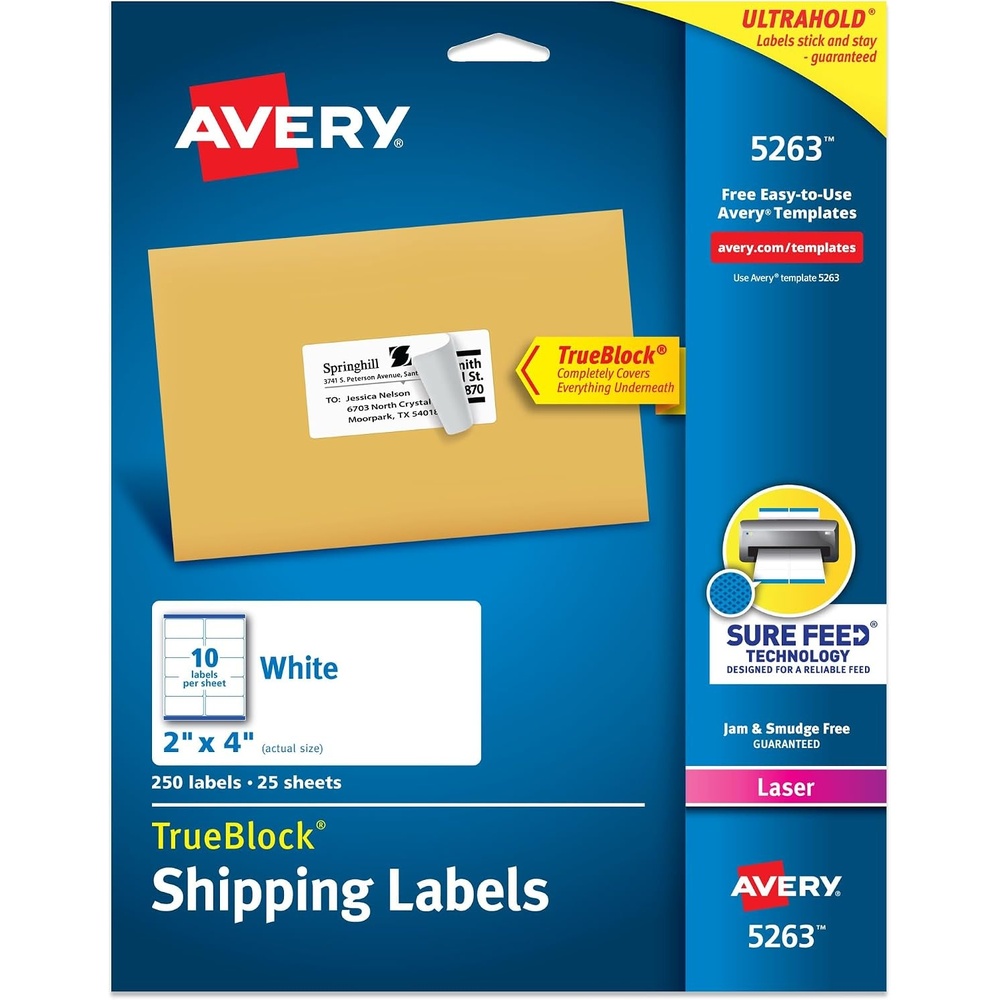 image:imageAvery Printable Shipping Labels with Sure Feed 2 x 4 Customizable Stickers White 250 Blank Mailing Labels Great for Mailing Shipping and More 52632 x 4