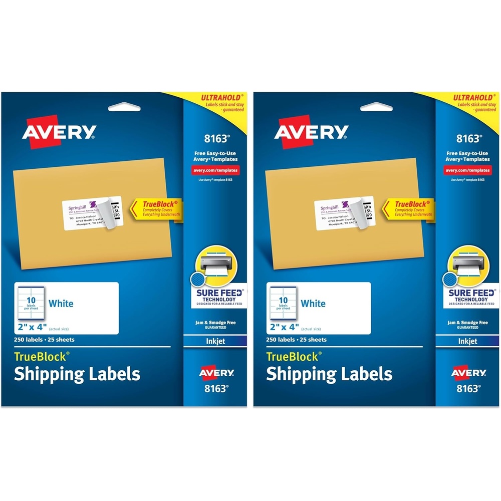 image:imageAvery Printable Shipping Labels with Sure Feed 2 x 4 Customizable Stickers White 250 Blank Mailing Labels Great for Mailing Shipping and More 81632 x 4