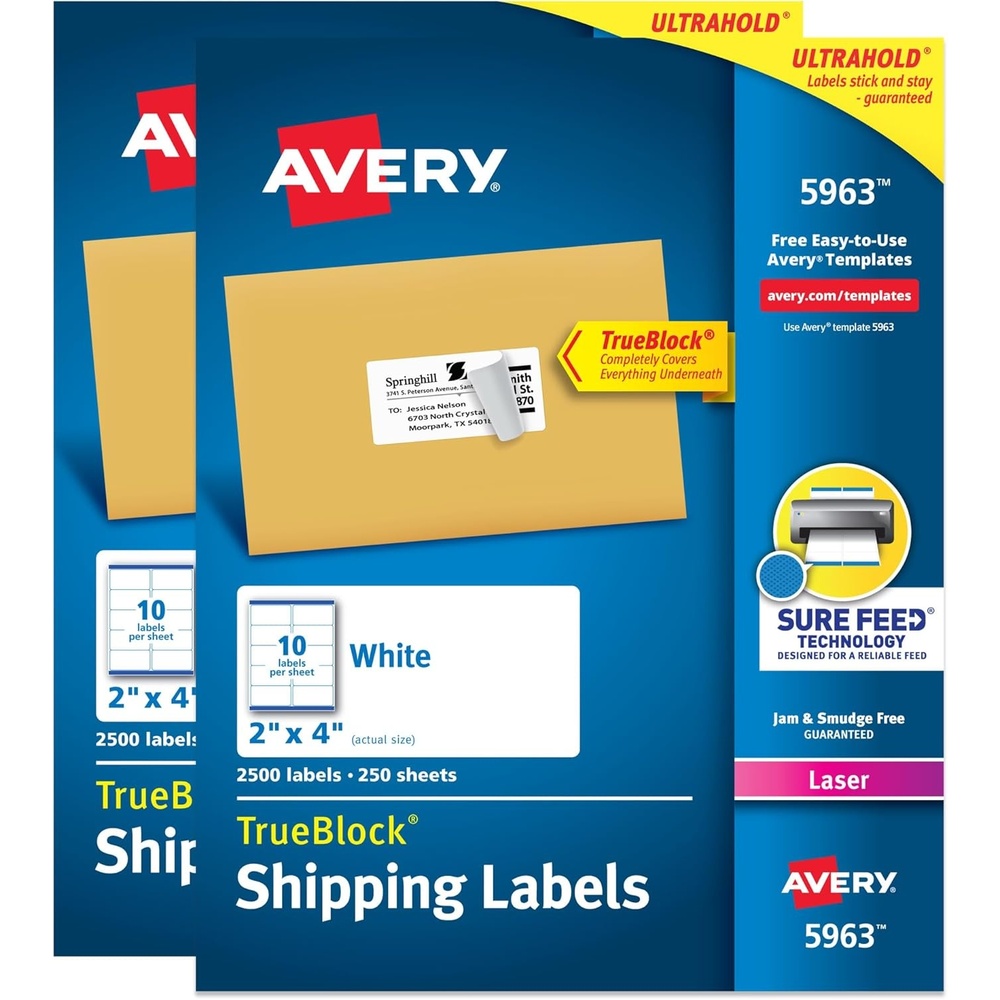 image:imageAvery Printable Shipping Labels with Sure Feed 2 x 4 Customizable Stickers White 5000 Blank Mailing Labels Great for Mailing Shipping and More 2Pack of 5963