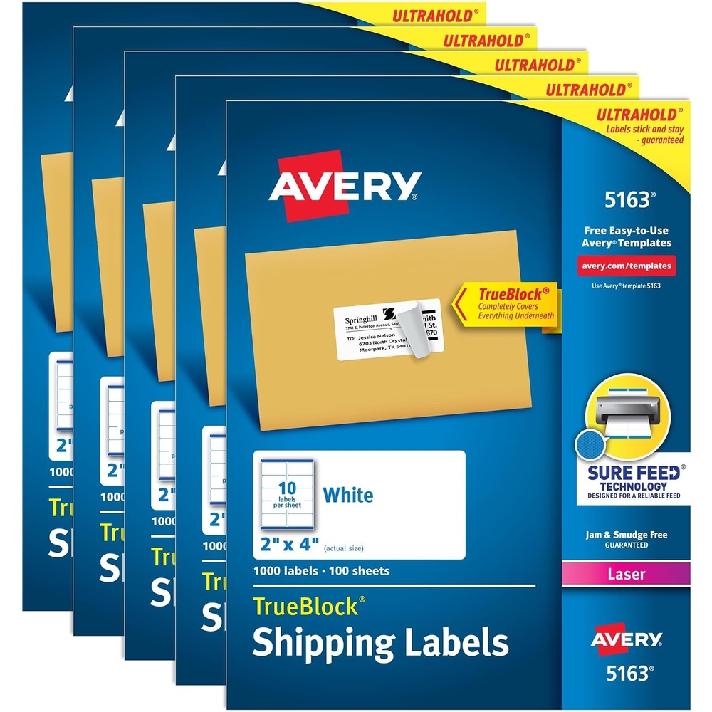 image:imageAvery Printable Shipping Labels with Sure Feed 2 x 4 Customizable Stickers White 5000 Blank Mailing Labels Great for Mailing Shipping and More 5Pack of 5163