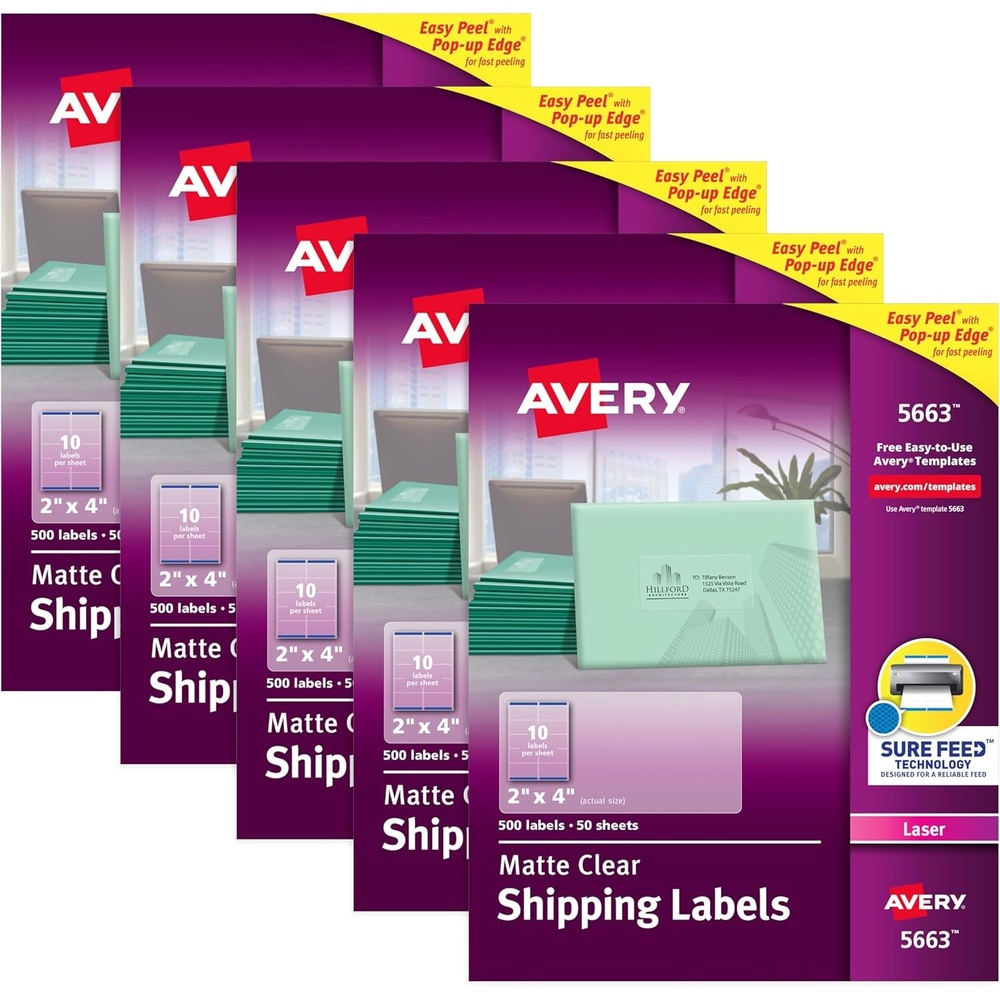 image:imageAvery Printable Shipping Labels with Sure Feed 2 x 4 Matte Clear 500 Blank Mailing Labels 56632 500 labels