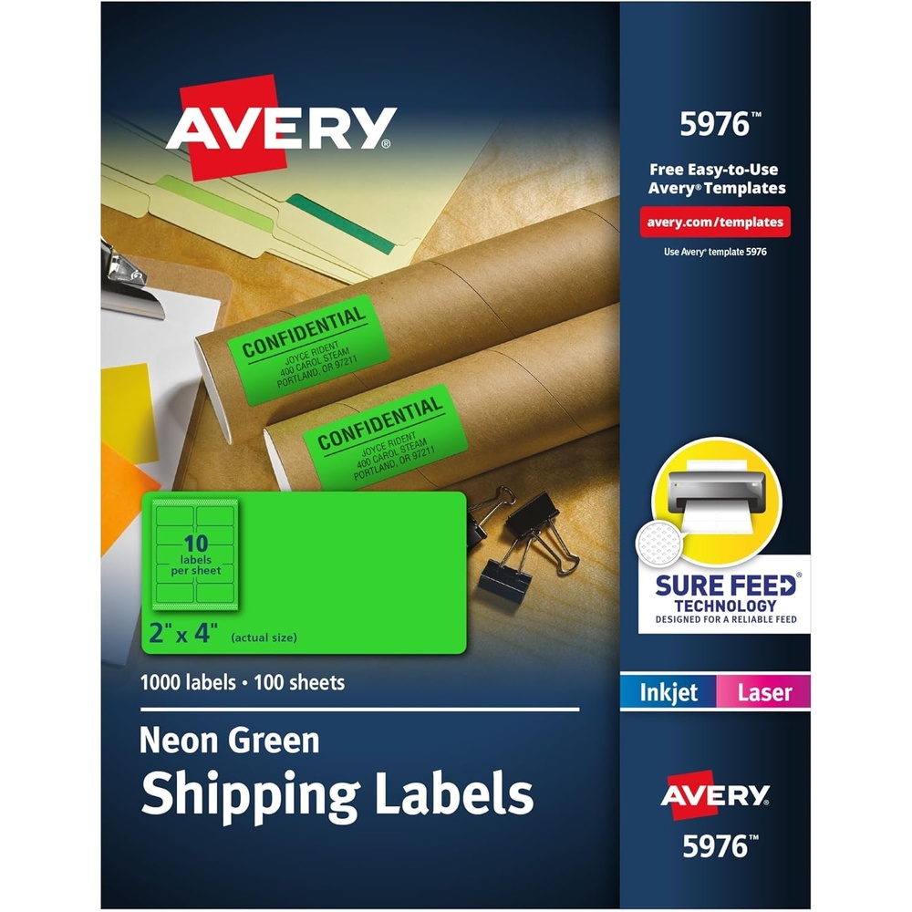 image:imageAvery Printable Shipping Labels with Sure Feed 2 x 4 Neon Green Laser amp Inkjet Compatible 1000 Blank Labels Total Great for Branding Mailing Organizing and More 5976