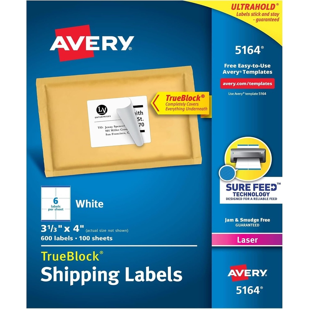 image:imageAvery Printable Shipping Labels with Sure Feed 313 x 4 White 600 Blank Mailing Labels for Laser Printers 5164313 in X 4 in Pack of 5