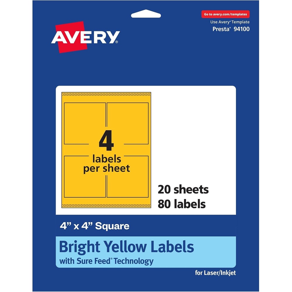 image:imageAvery Printable Square Labels Sure Feed Technology 4 x 4 Bright Yellow Labels LaserInkjet Printable 40 Total Great for Packaging and Ingredients80 labels