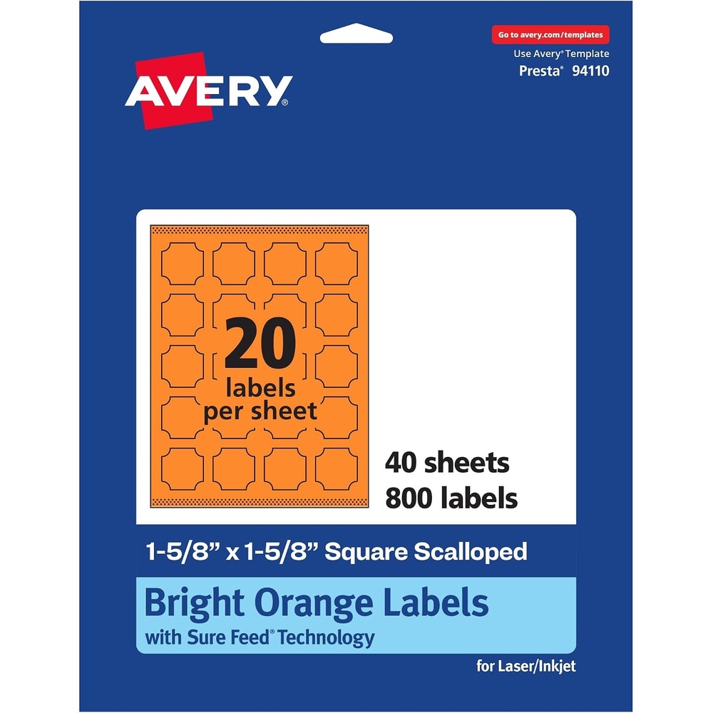 image:imageAvery Printable Square Scalloped Labels Sure Feed Technology 158 x 158 Bright Orange Labels PrinttoTheEdge LaserInkjet Printable 200 Total Great for Cosmetics and Jars800 labels