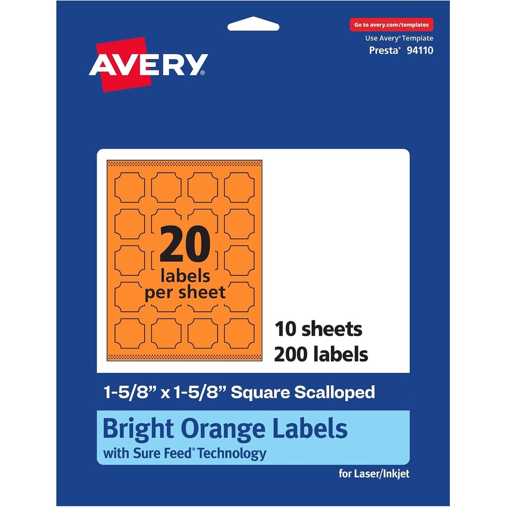image:imageAvery Printable Square Scalloped Labels Sure Feed Technology 158 x 158 Bright Orange Labels PrinttoTheEdge LaserInkjet Printable 200 Total Great for Cosmetics and Jars200 labels