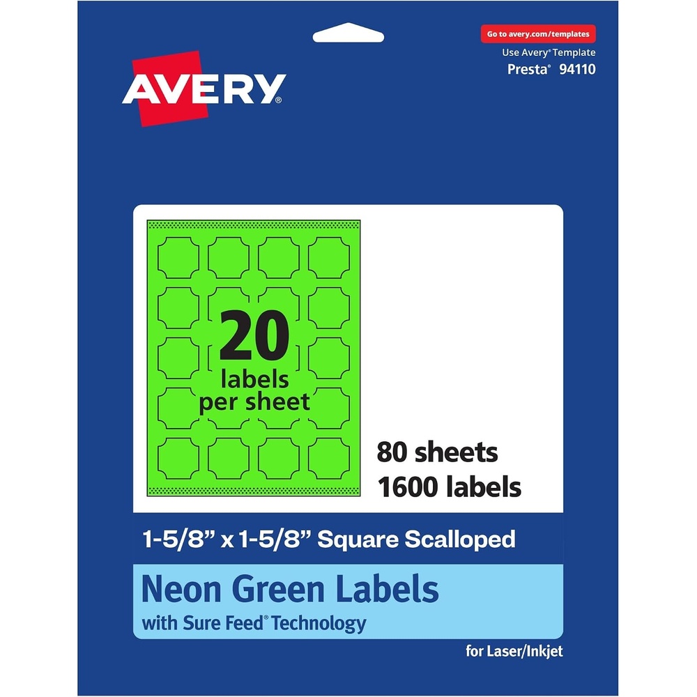 image:imageAvery Printable Square Scalloped Labels Sure Feed Technology 158 x 158 Neon Green Labels PrinttoTheEdge LaserInkjet Printable 200 Total Great for Cosmetics and Jars1 600 labels