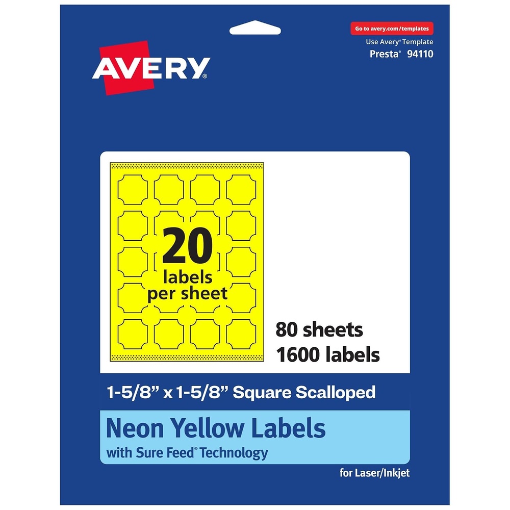 image:imageAvery Printable Square Scalloped Labels Sure Feed Technology 158 x 158 Neon Yellow Labels PrinttoTheEdge LaserInkjet Printable 400 Total Great for Cosmetics and Jars1 600 labels