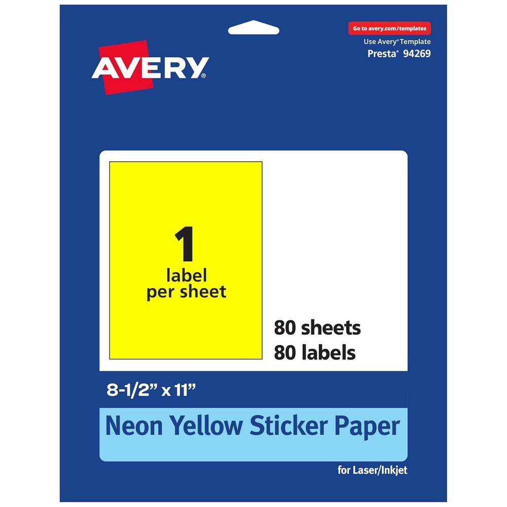 image:imageAvery Printable Sticker Paper 812 x 11 FullSheet Labels Neon Yellow Labels LaserInkjet Printable 20 Total Great for Packaging and Stickers80 labels