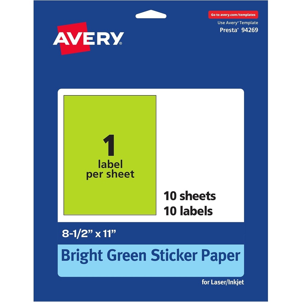 image:imageAvery Printable Sticker Paper 85 x 11 Matte White Repositionable Adhesive LaserInkjet Compatible 5 FullSize Label Sheets Great for Product Branding Cute Stickers Crafts and More 53202Bright Green