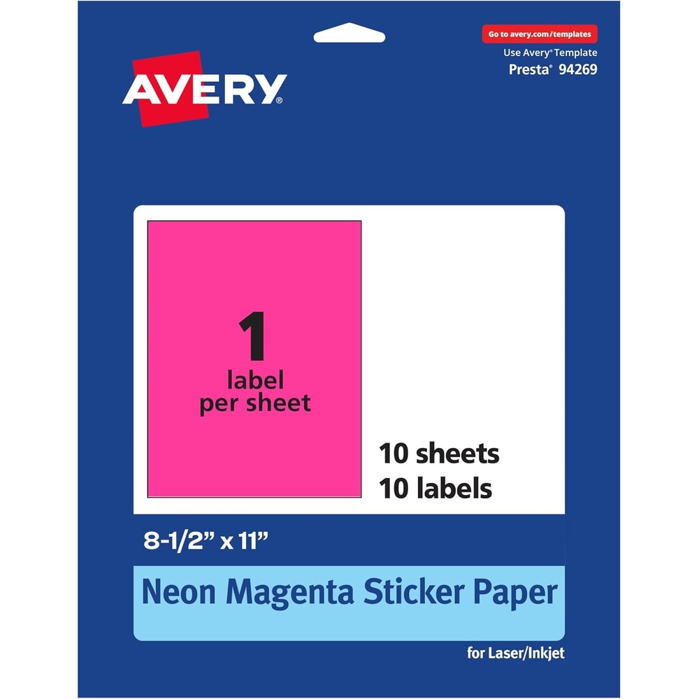 image:imageAvery Printable Sticker Paper 85 x 11 Matte White Repositionable Adhesive LaserInkjet Compatible 5 FullSize Label Sheets Great for Product Branding Cute Stickers Crafts and More 53202Neon Magenta