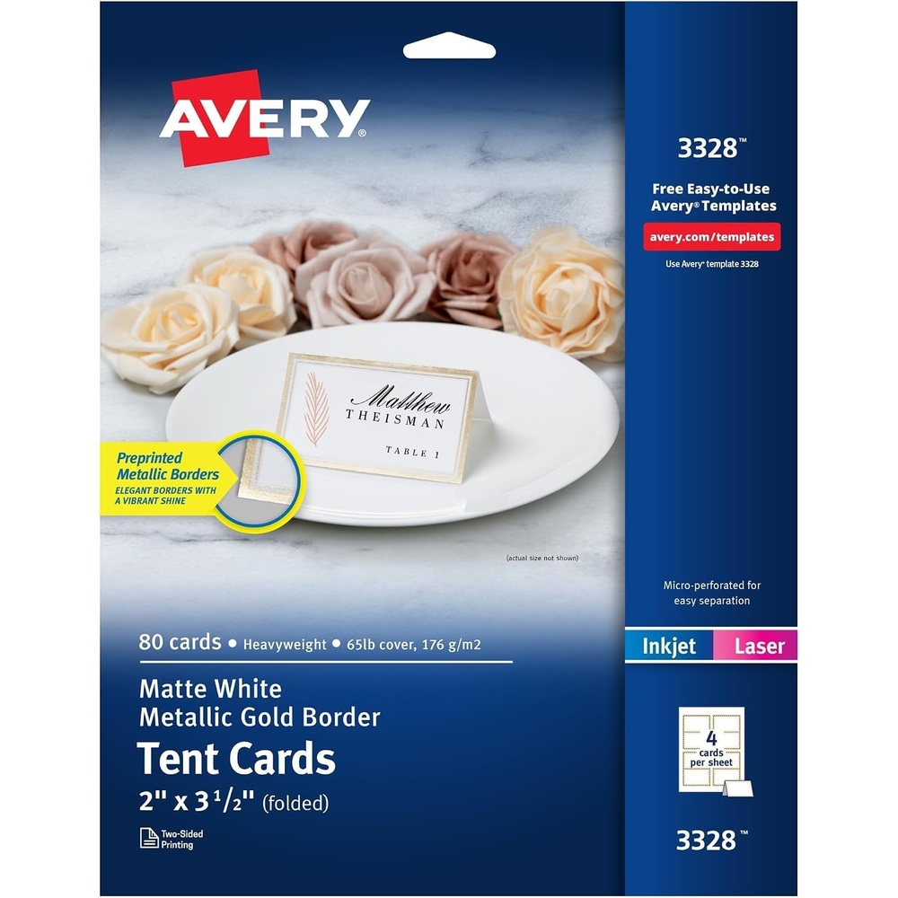 image:imageAvery Printable Tent Cards with Sure Feed Technology 2 x 35 Matte White 2Pack Total of 320 Blank Place Cards for Laser or Inkjet Printers 5812Metallic Gold Border