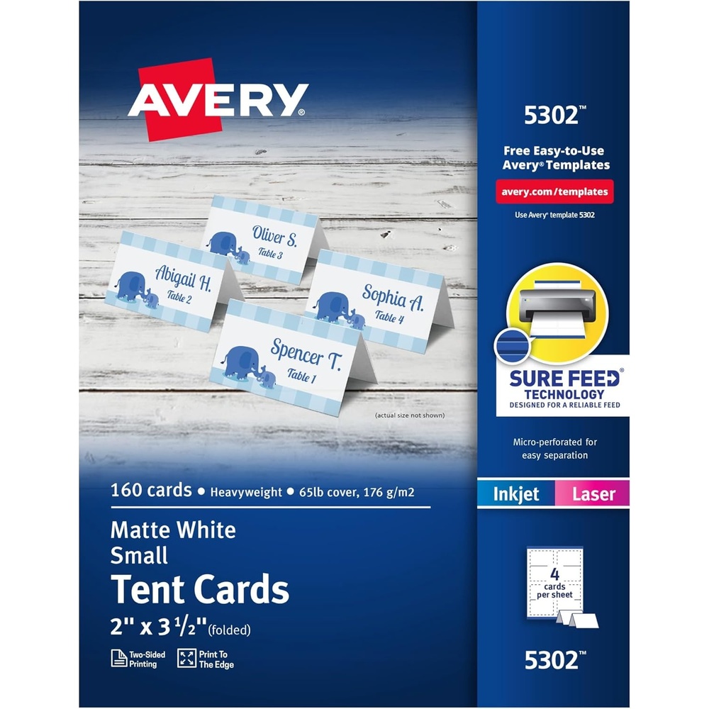 image:imageAvery Printable Tent Cards with Sure Feed Technology 2 x 35 Matte White 2Pack Total of 320 Blank Place Cards for Laser or Inkjet Printers 5812White